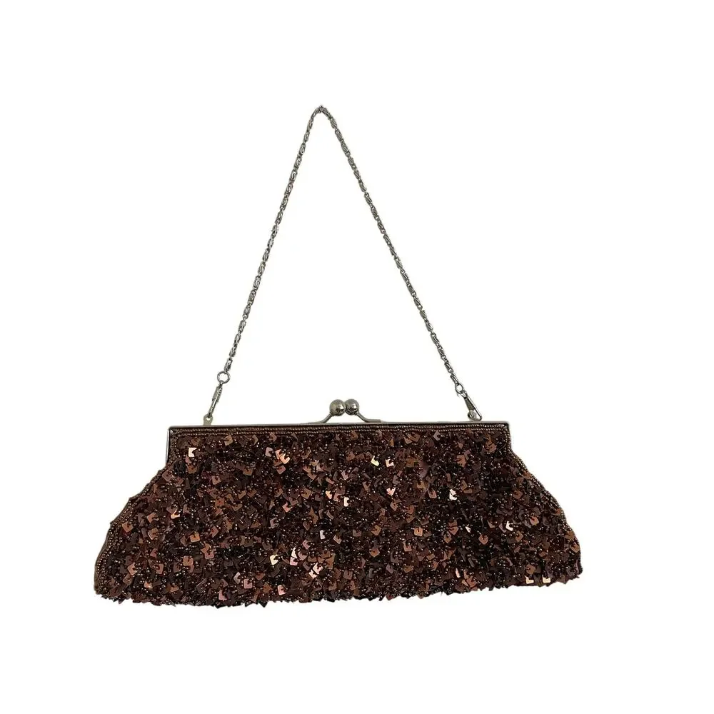 Vintage Brown Bronze Sequin Beaded Clutch Bag Brown Metallic Evening Purse